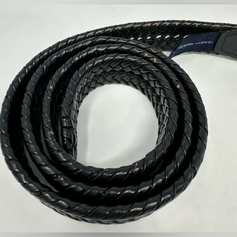 Tommy Hilfiger Braided Belt Mens 38/95 Black Leather Trim Casual Silver‎ Buckle